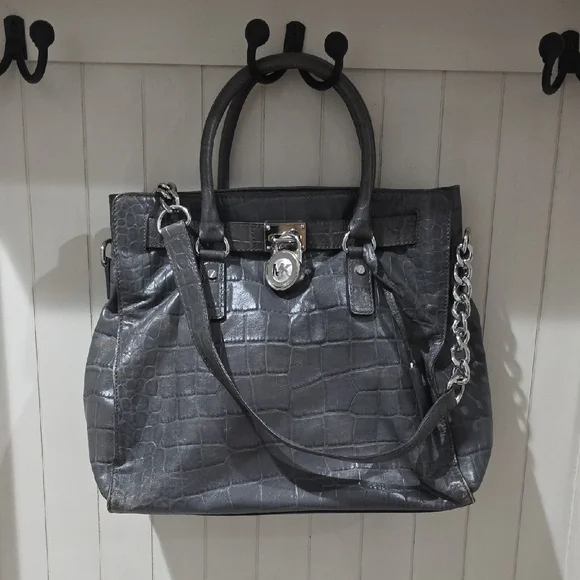 Michael Kors Dillon  Gray Crocodile-Embossed Large Shoulder Bag Satchel - Picture 3 of 14